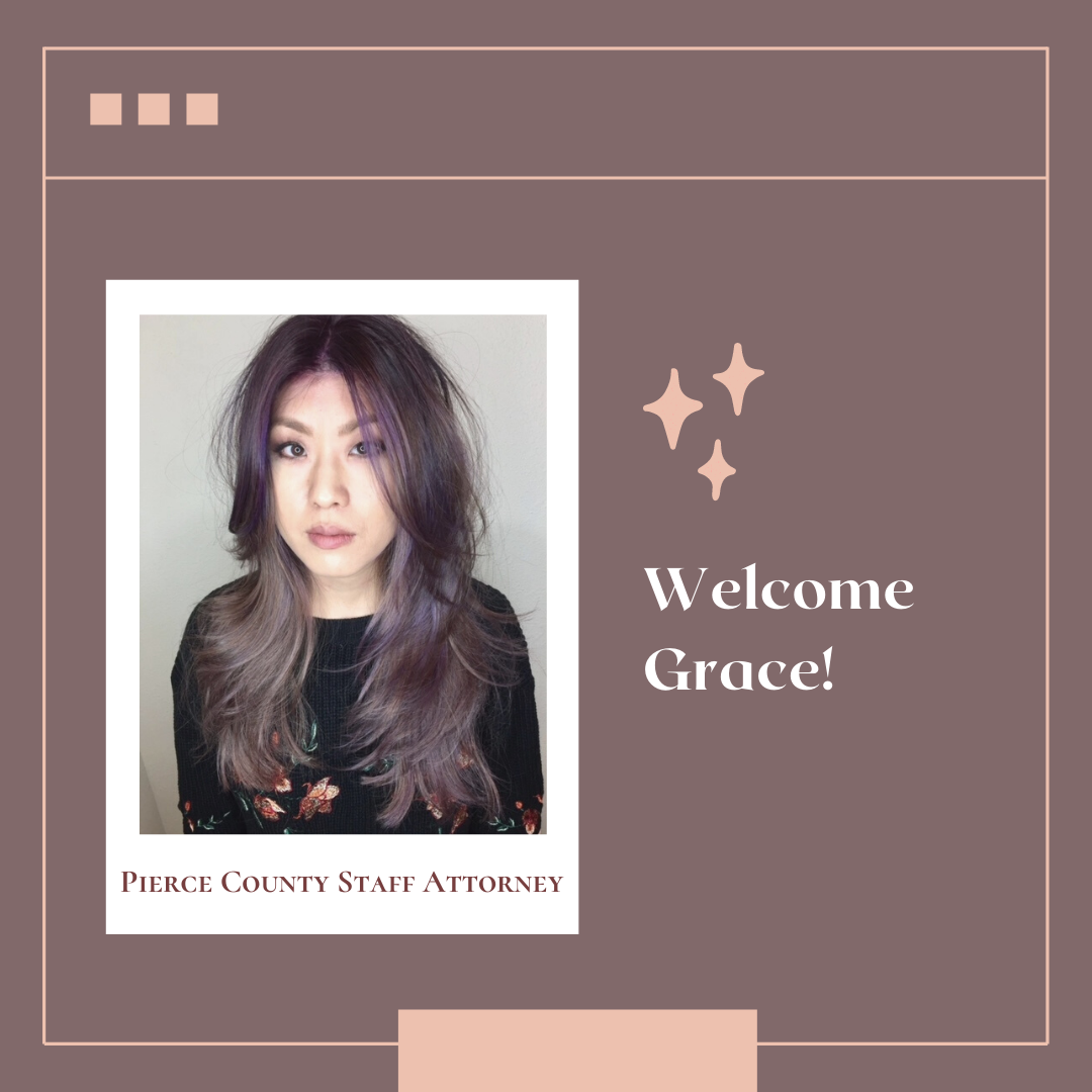 On the left is a photo of Grace wearing a black shirt and staring into the camera - There are purple highlights in Grace's long brown hair - On the right are the words Welcome Grace