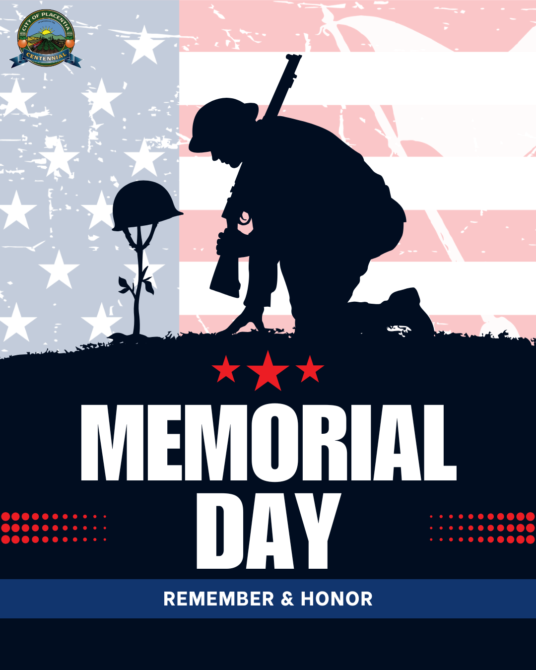 Memorial Day graphic with soldier kneeling beside a battlefield cross and helmet against an American flag background, text reads âMEMORIAL DAYâ and âREMEMBER & HONOR.â