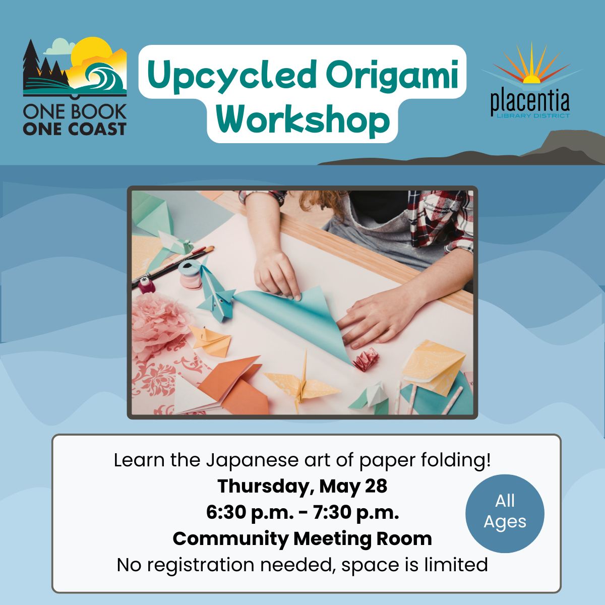 Upcycled Origami Workshop flyer for Thursday, May 28, 6:30â7:30 p.m. in the Community Meeting Room, all ages welcome, no registration needed.