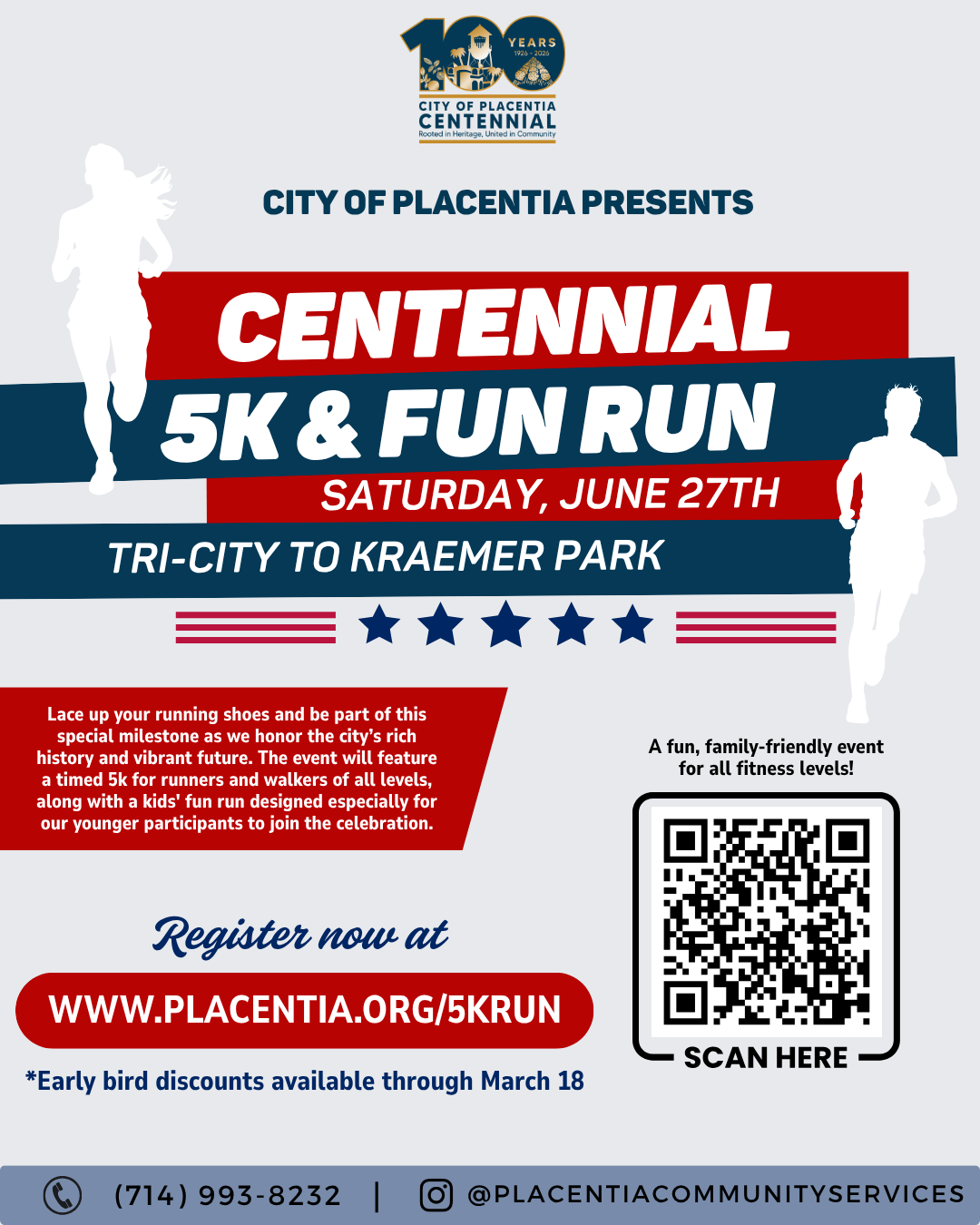cenntennial 5k red white and blue graphic flyer for the june 27 event
