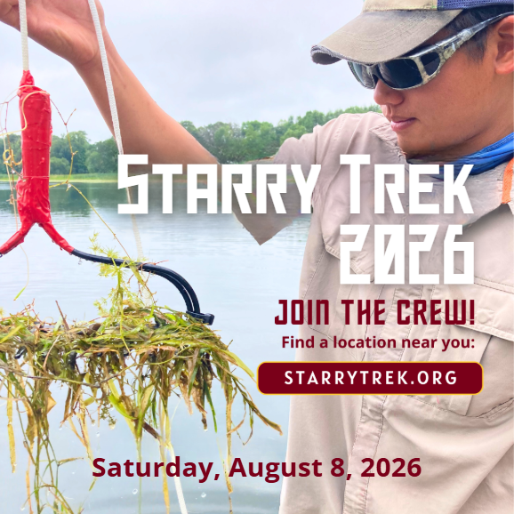 Boy inspecting aquatic vegetation during Starry Trek. Text is overlaid on top of image, detailing event date and website.