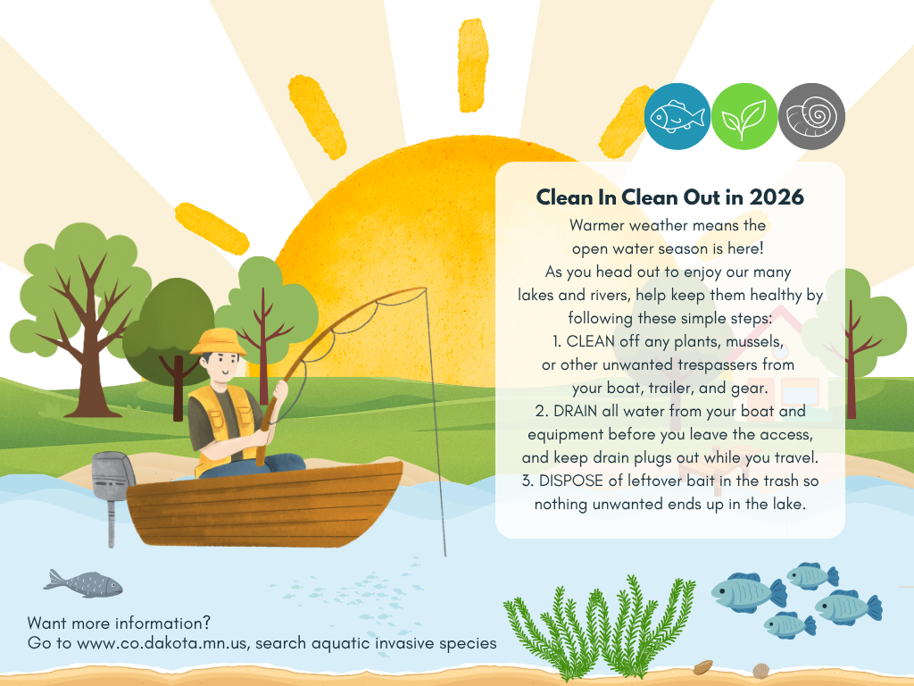 Illustration promoting 'Clean In Clean Out in 2026' with a person fishing from a boat and emphasizing steps to prevent the spread of aquatic invasive species.