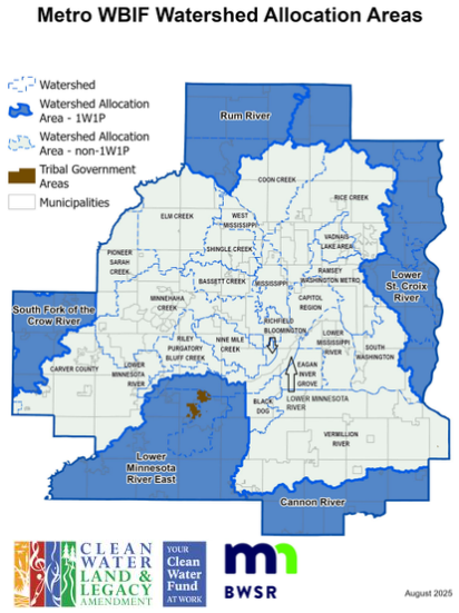 Map showing Metro WBIF Watershed Allocation Areas with different watershed boundaries and tribal government areas delineated. Rivers such as Rum River, South Fork of the Crow River, and Cannon River are labeled. Municipalities are also indicated.