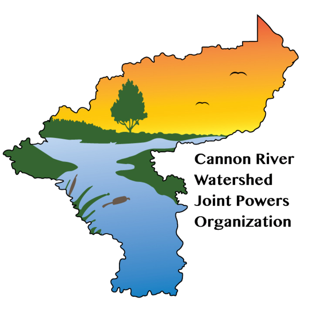 Map outline of the Cannon River watershed with green land areas and a blue river system, shown over a yellow-orange background, with the text “Cannon River Watershed Joint Powers Organization” on the right.