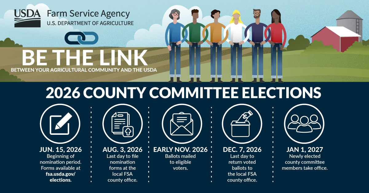Graphic outlining the 2026 FSA County Committee Elections timeline: Nomination period begins June 15, 2026; Last day to file nominations is August 3, 2026; Ballots mailed early November 2026; Last day to return voted ballots is December 7, 2026; Newly elected members take office January 1, 2027.