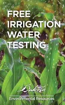 A promotional image with text stating "FREE IRRIGATION WATER TESTING" overlayed on a background of green corn stalks with water droplets and rain. The bottom of the image features the Dakota County Environmental Resources logo.