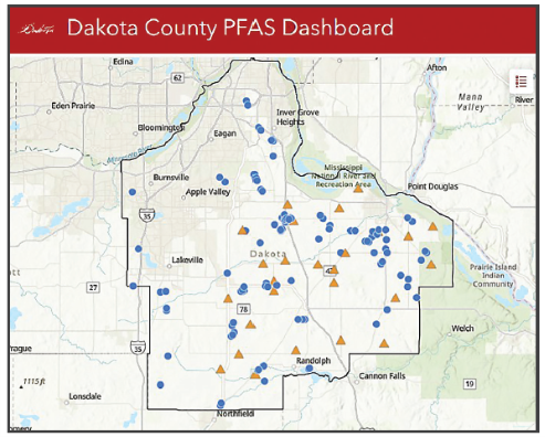 A map of Dakota County showing the distribution of PFAS sites, marked with blue circles and orange triangles, with city names and major roads overlaid.