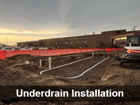 A construction site with trenches dug for underground pipes, a small excavator on the right, and a large brick building in the background behind a red safety fence. Greyed out box near bottom with 'Underdrain Installation' in white text.