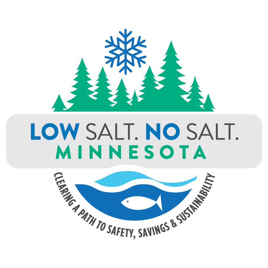 Low Salt No Salt Logo with green trees and blue snowflake above white fish swimming in blue water