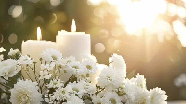 White candles flicker, surrounded by white flowers. Sunlight shines through distant trees.