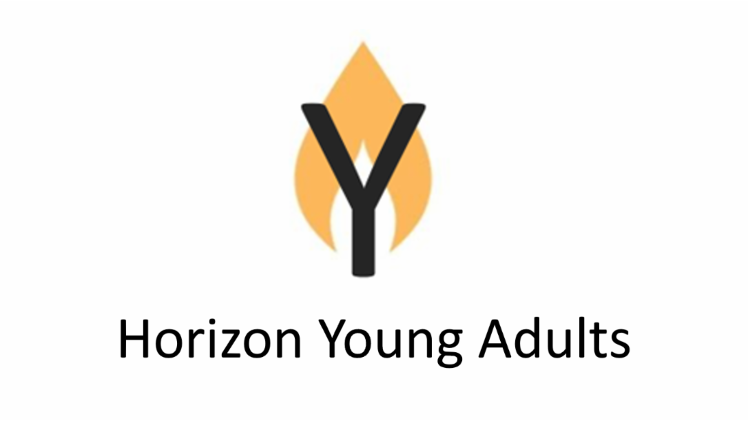 A black "Y" is imposed over the flame of the Horizon logo reminiscent of an "A". Black text underneath reads "Horizon Young Adults".