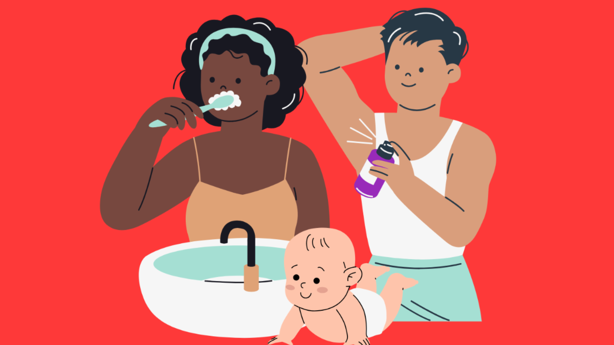 A family freshens up at a sink. A dark-skinned mother brushes her teeth, a father of asian-descent sprays his armpit, and a baby wearing a diaper crawls next to the sink against a red background.
