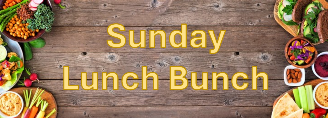 Yellow text reading Sunday Lunch Bunch sits on a wooden background surrounded by colorful food