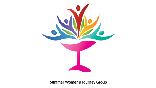 Colorful clipart people spring from a pink chalice like a flame. Text reads "Summer Women's Journey Group"