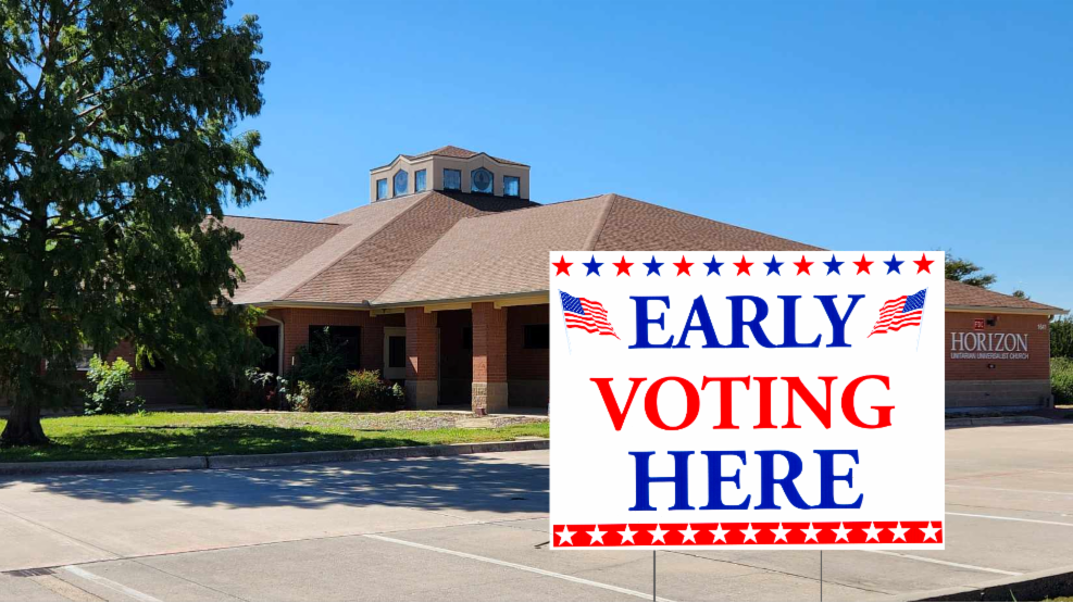 Blue text on a white background reads "Vote Early" with the O as a clock with checkmark hands.