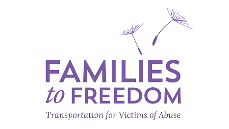 Purple text with dandelion seeds overhead reads "Families to Freedom - Transportation for Victims of Abuse"