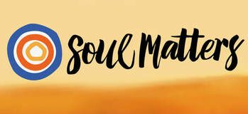 A ring of blue and red circles rests next to black text reading "Soul Matters" against a yellow and orange sunrise background.