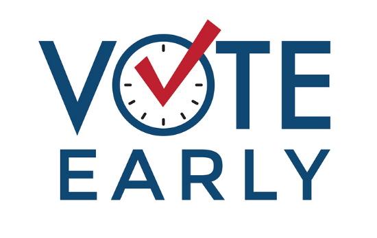 Blue text on a white background reads "Vote Early" with the O as a clock with checkmark hands.