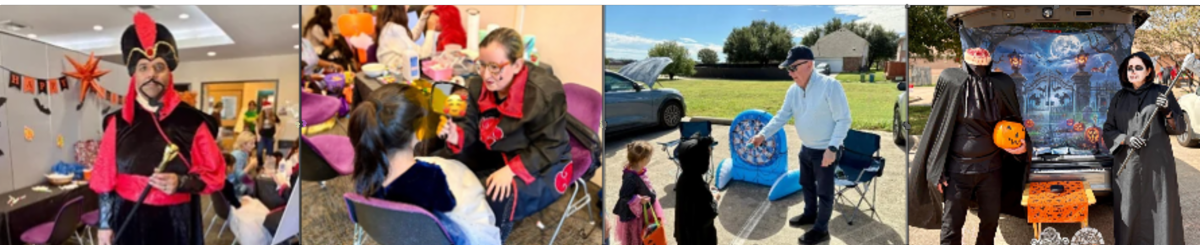 A collage of images from Trunk or Treat shows a congregant dressed as Jafar, a child having her face painted by an Akatsuki (from Naruto), children being shown how to play an inflatable game, and a car trunk decorated like the gates to a Halloween graveyard, the drivers dressed as skeletons.