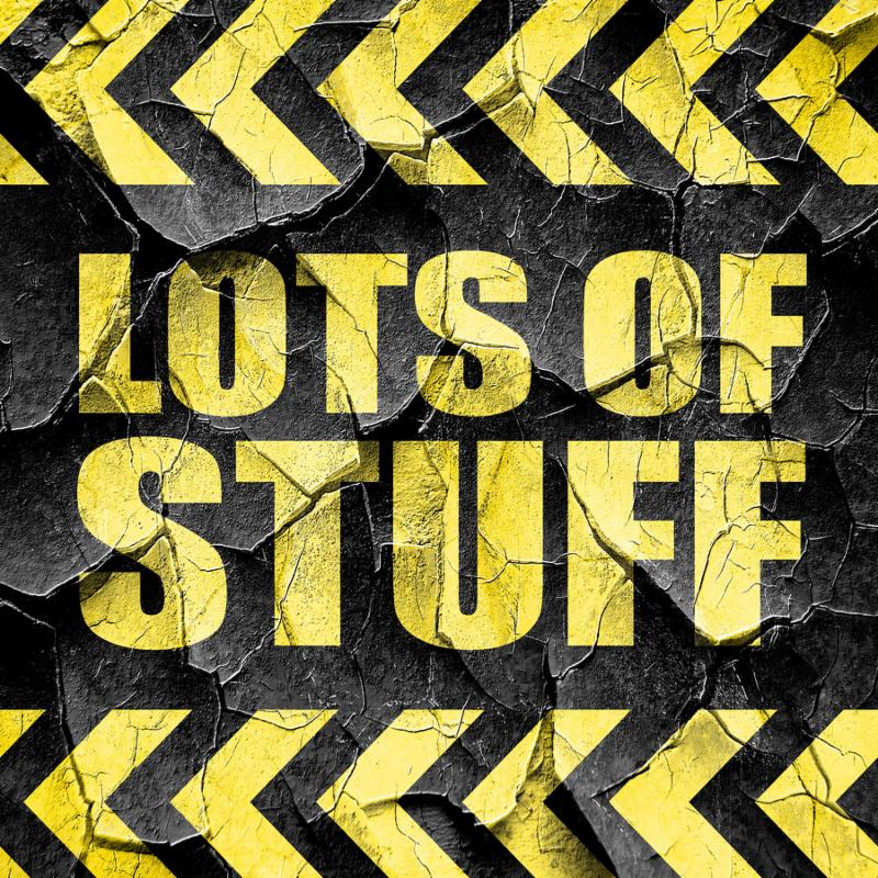 lots of stuff, black and yellow rough hazard stripes