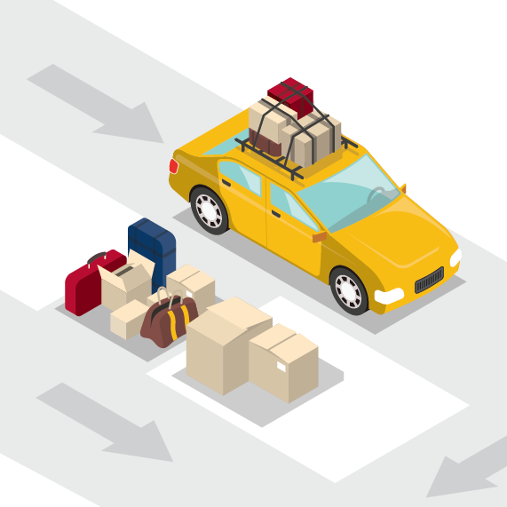 An illustrated yellow car holds luggage on its roof and drives along a road paved with arrows. Luggage and boxes sit on the pavement.