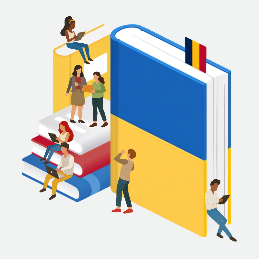 Illustration with large textbooks and tiny people sitting, chatting, and reading by them.