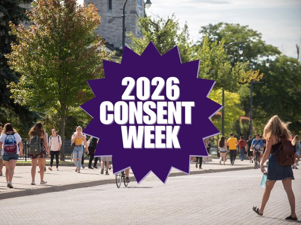 2026 Consent Week purple star sticker with a background of students walking on University Avenue