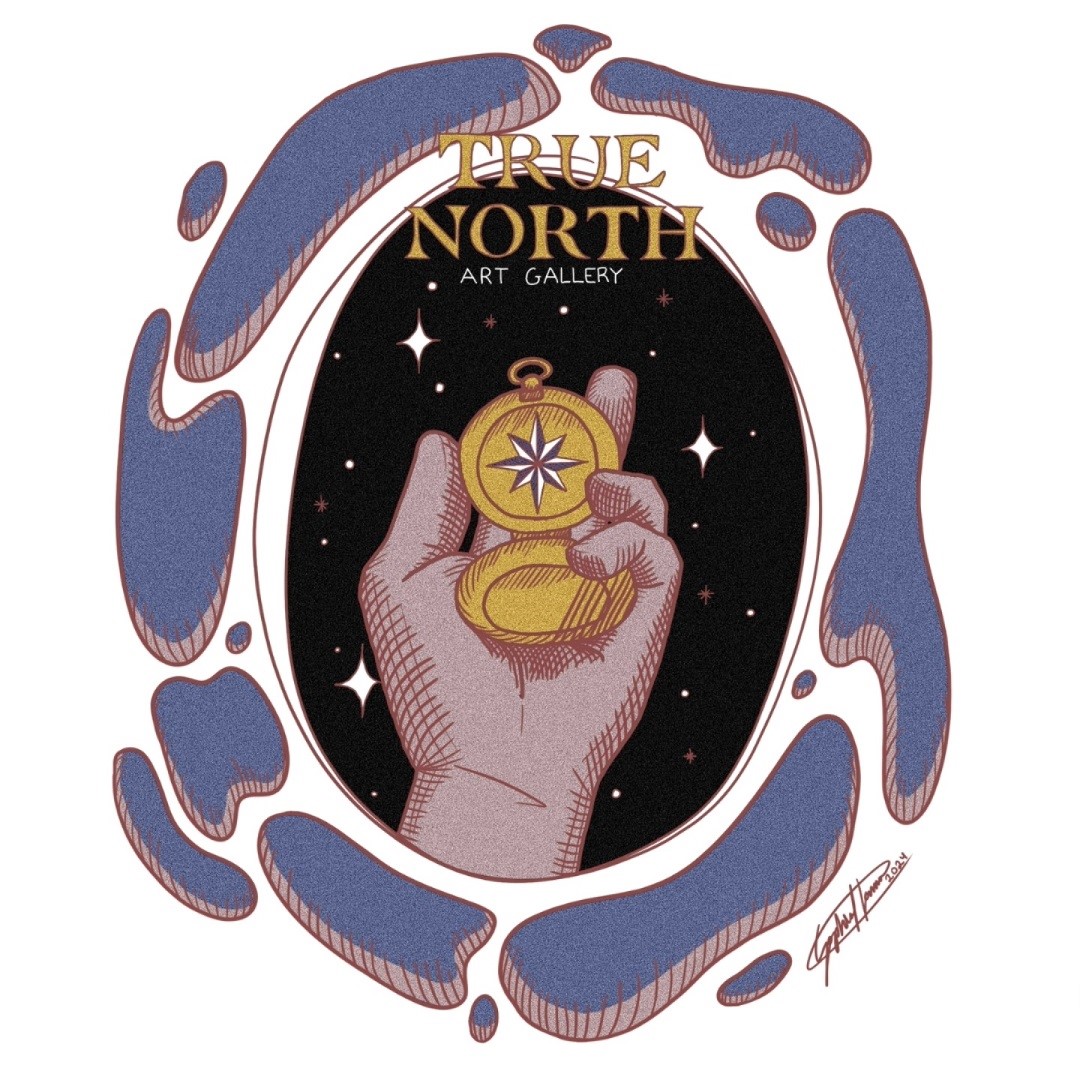 an illustration of a hand holding a compass with the words True North Art Gallery
