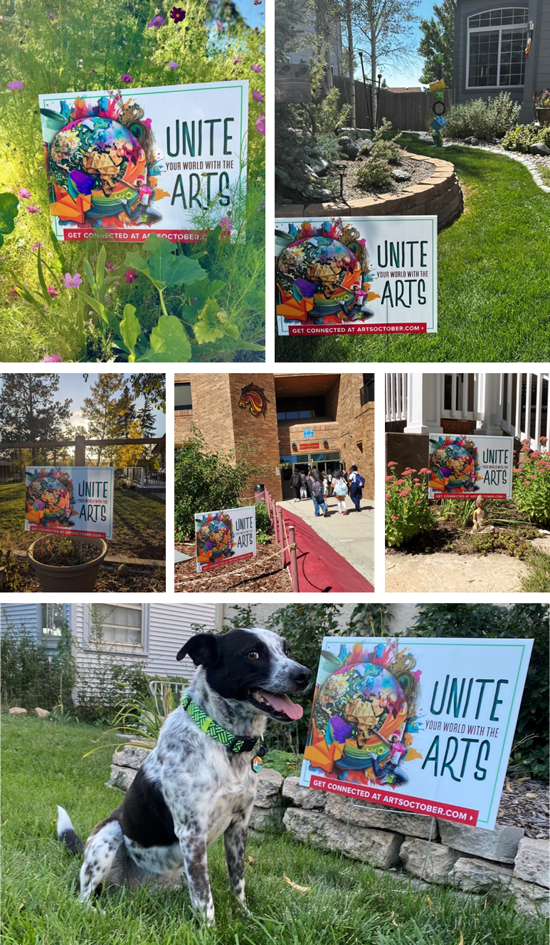 A collage of Arts Month yard signs in yards