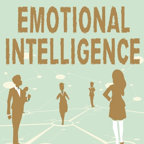 Text caption presenting Emotional Intelligence. Business overview Self and Social Awareness Handle relationships well Several Team Members Standing Separate Thinking Connected Lines On Floor.