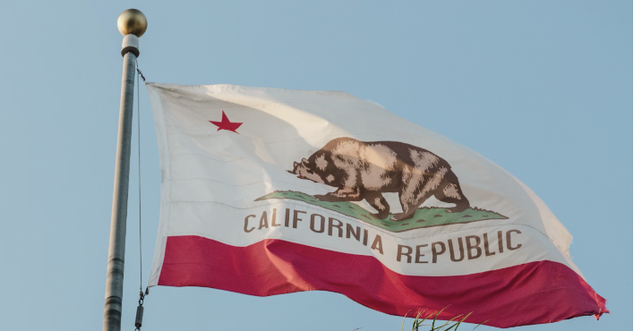 Image of state of California flag that includes a red star and brown bear.