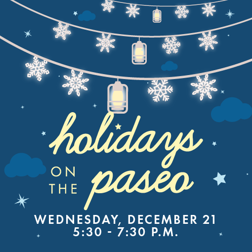 Holidays on the paseo announcement with hanging lights starry night