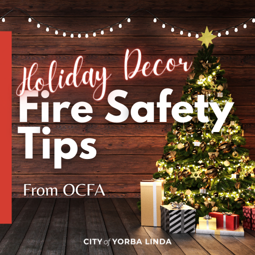 Holiday Decor Fire Safety Tips with Christmas trees and presents in the background