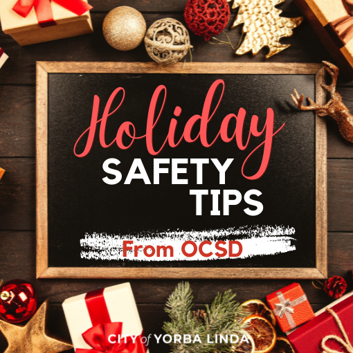 holiday safety tips from ocsd on chalkboard with presents surrounding
