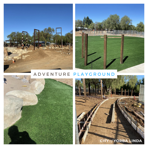 4 pictures of renovated Adventure Playground wiffle ball field and walkways