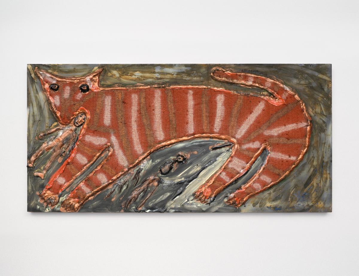 Thornton Dial, Untitled (Tiger), 1989. Fabric, Splash Zone compound, glass marbles, enamel on wood, 38 × 78 × 1 1/4 inches (97 × 198 × 3 cm).