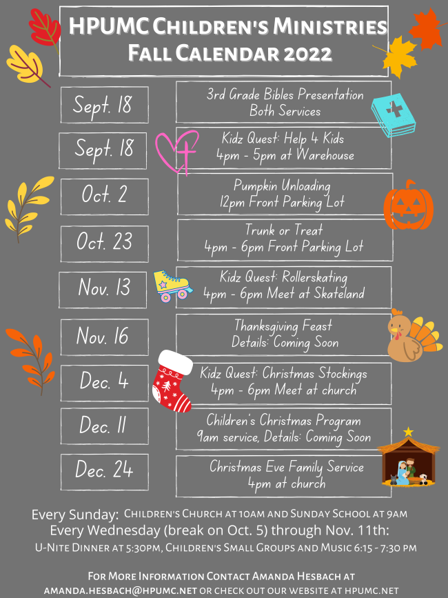 2022 HPUMC Children's Ministries Fall Calendar