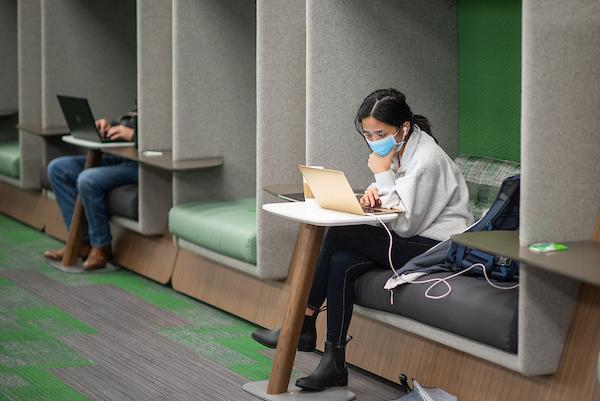 Student studying on her laptop in an alcove in the UNT Libraries