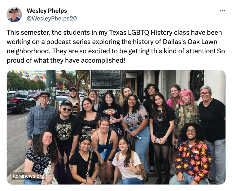 Screenshot of Wesley Phelps tweet about his Texas LGBTQ History class