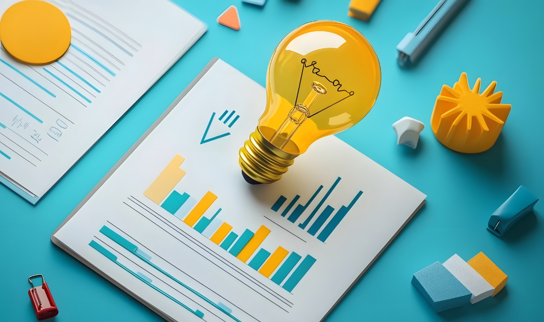Data charts and infographics with a light bulb