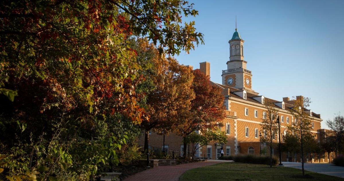 Hurley Admin Building surrounded by fall leaves