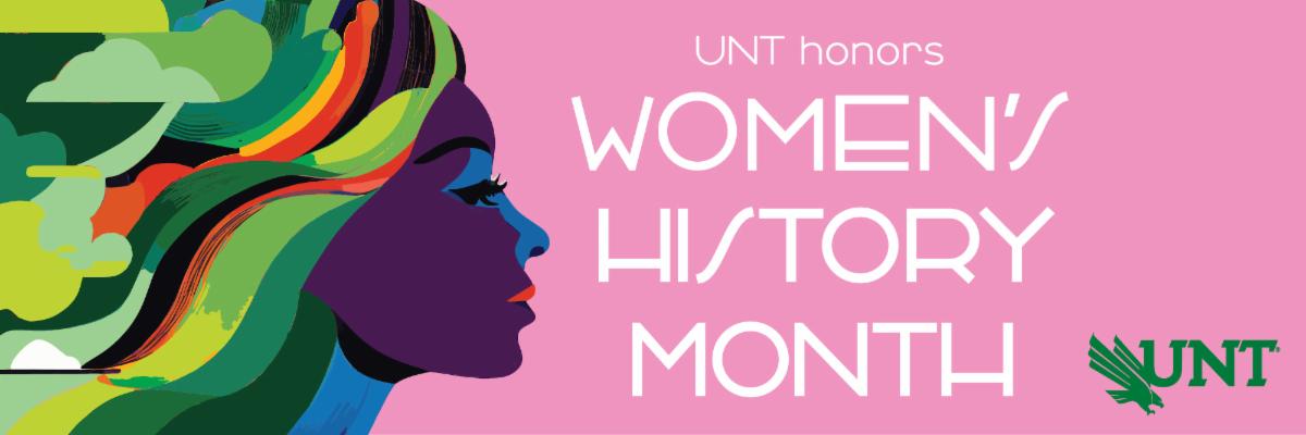 Artwork of woman's profile next to the words Women's History Month