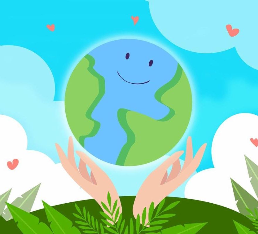 Artwork of hands holding a smiling Earth