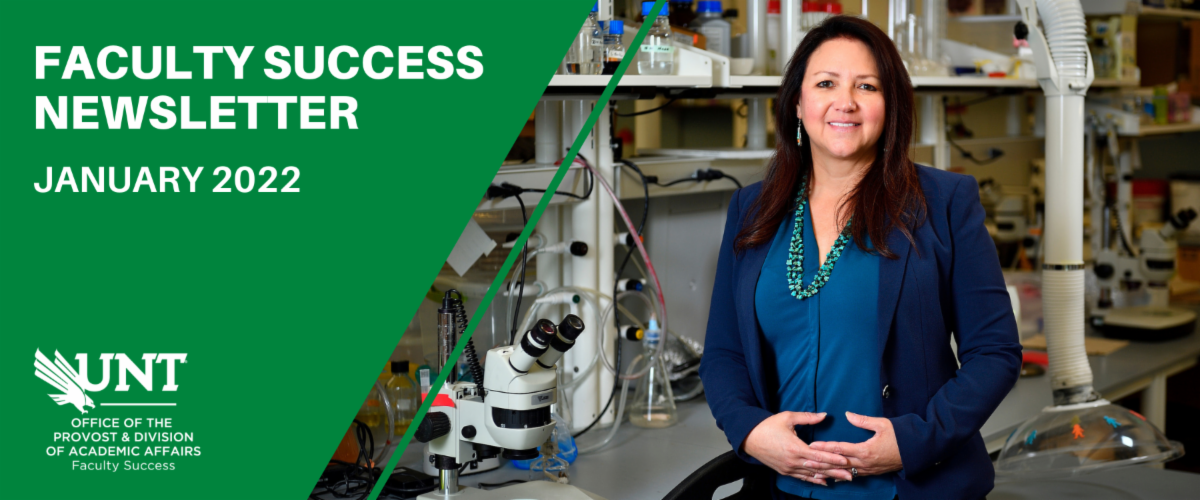 Dr Pamela Padilla in her lab next to the words Faculty Success Newsletter January 2022