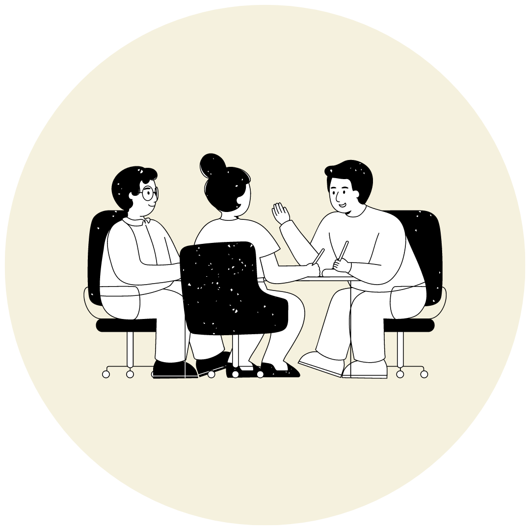 Artwork of people sitting at a table talking