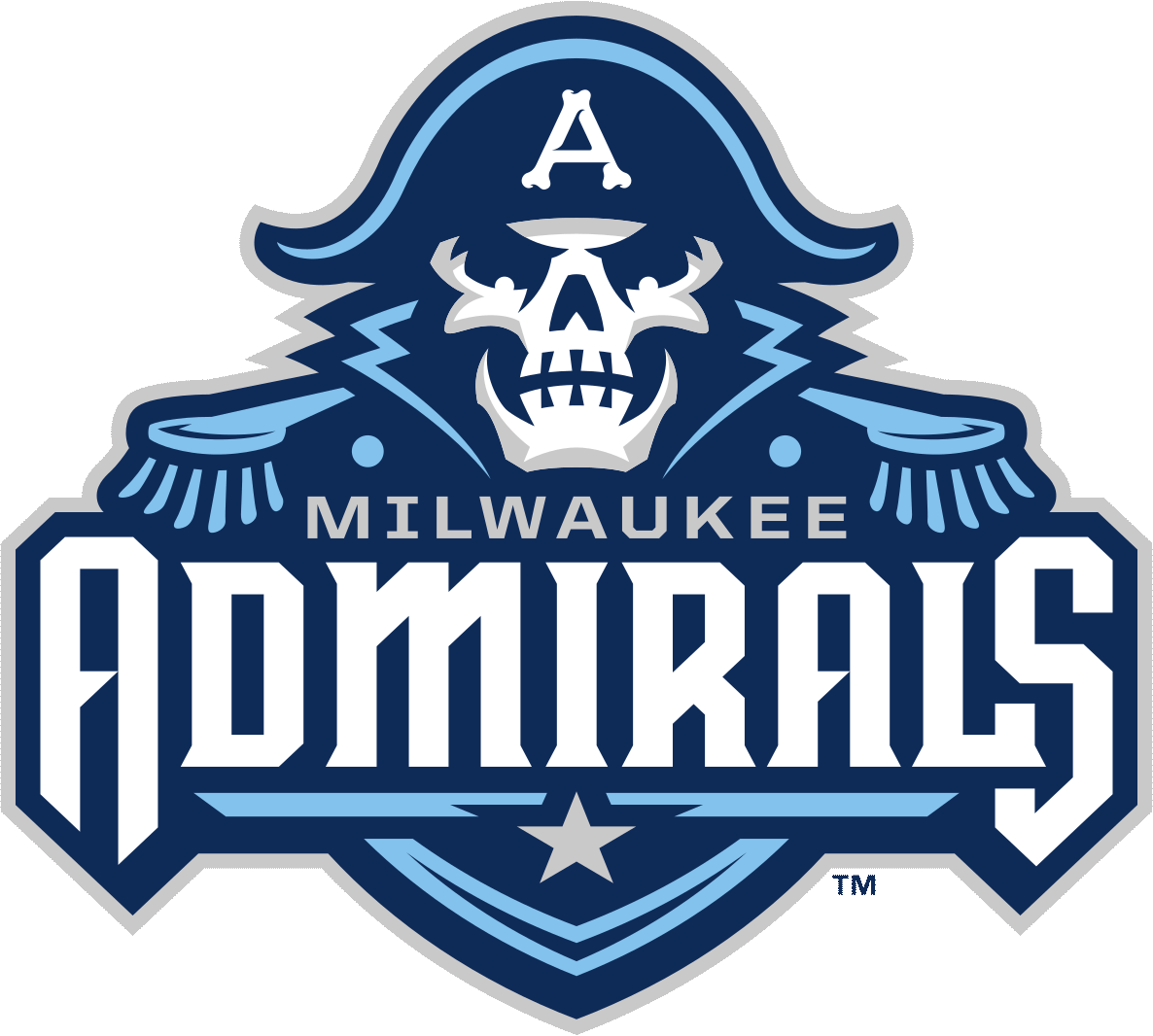 logo for the Milwaukee Admirals featuring a skeleton wearing blue nautical attire