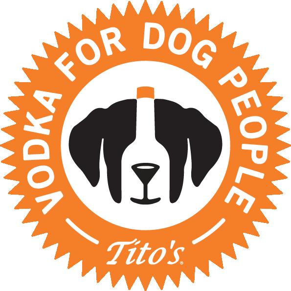 logo for Tito's vodka for Dog People featuring a dog's head made from a bottle and martini glass