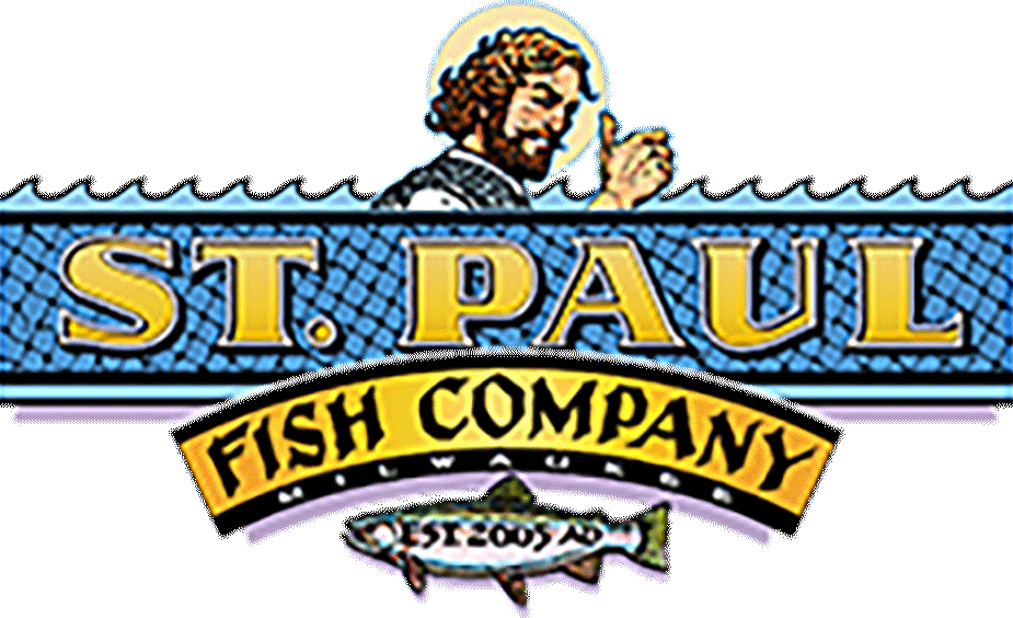 logo for St Paul's fish company showing a christ-like figure giving a thumbs up over the rest of the logo