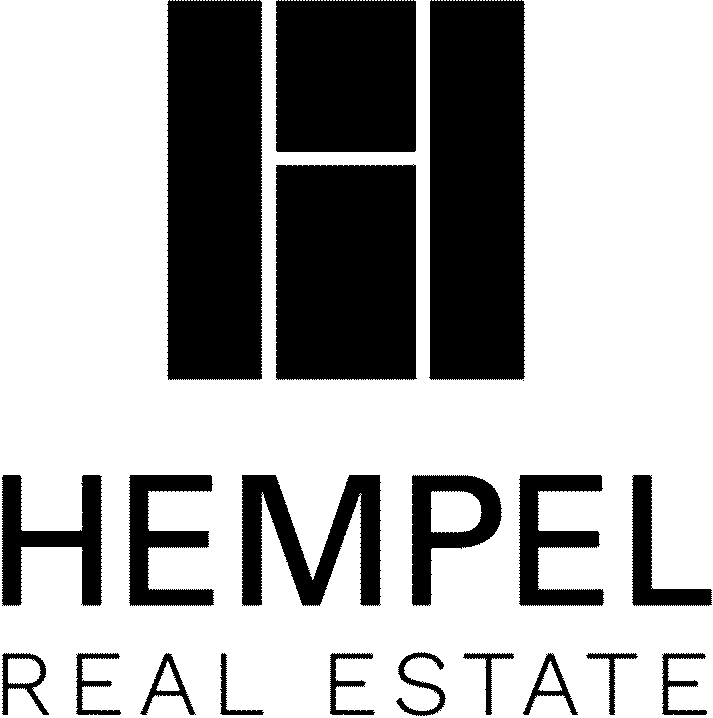 logo for hempen real estate featuring a graphic logo mark of a capital H made from stacked rectangles