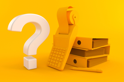 Accountancy background with question mark in orange color. 3d illustration